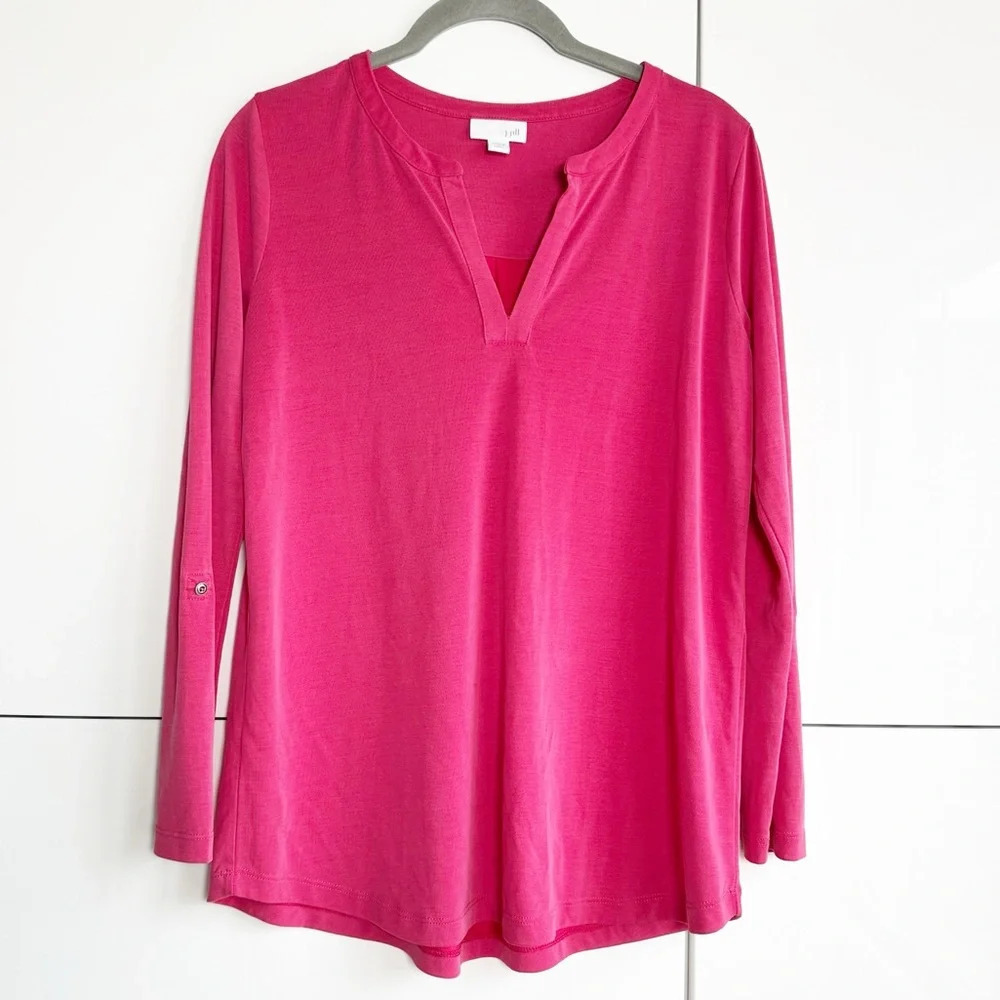 J. Jill Modal Blouse Fuchsia Pink XS Petite Roll Tab Sleeves Soft Lagenlook